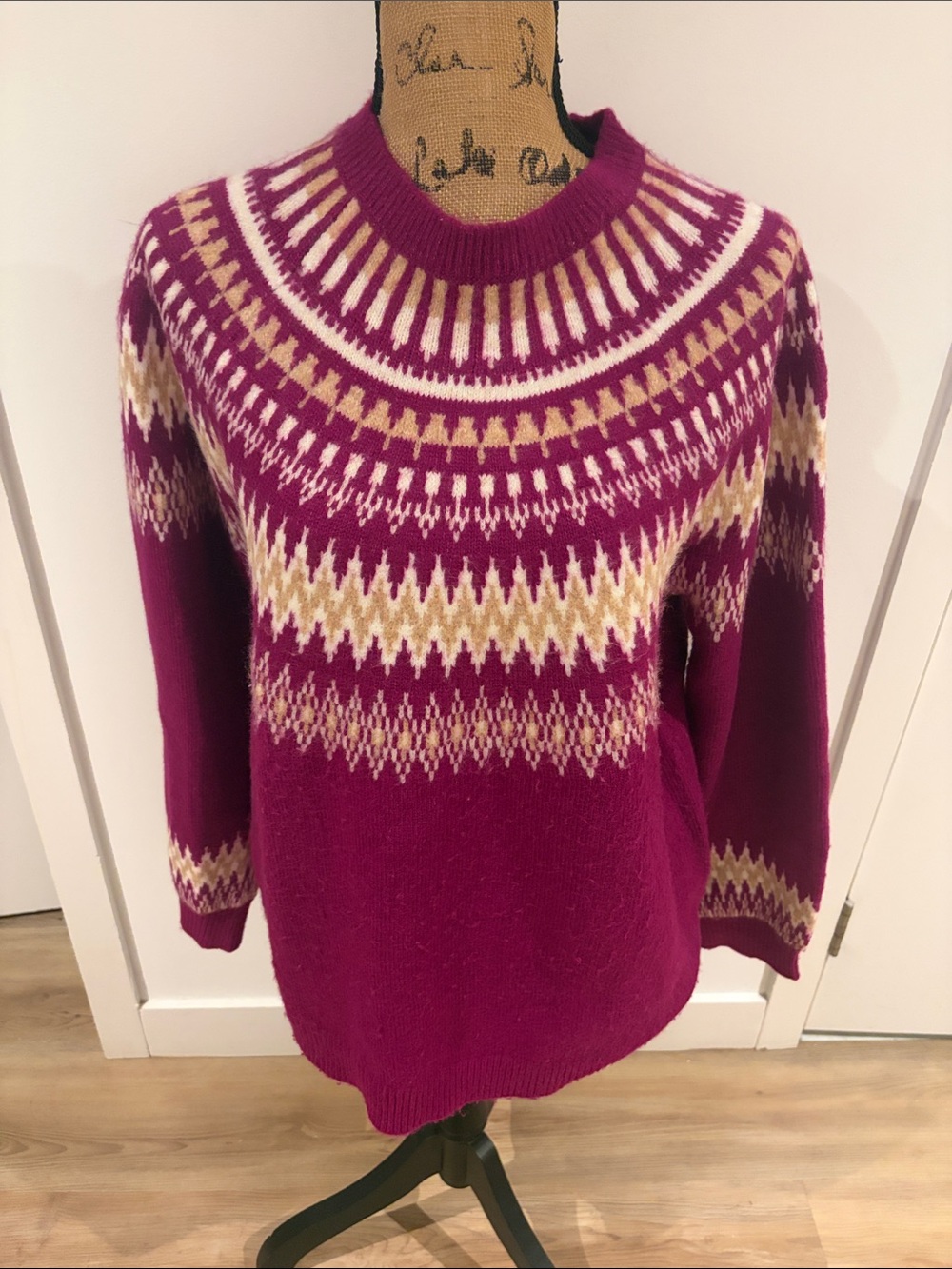 LOFT Magenta Fair Isle Crewneck Sweater with Cream and White Accents